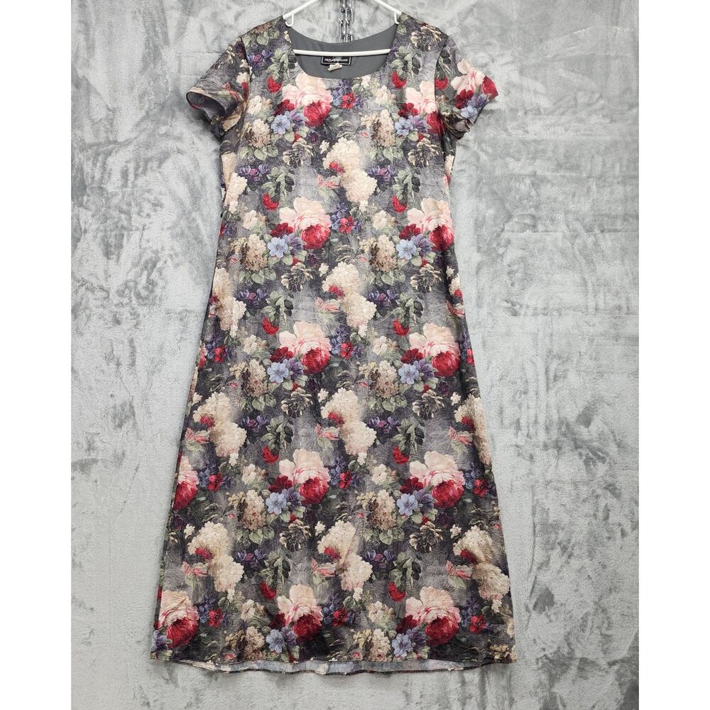 Vintage 90s Molly Malloy Dress Womens 14 Gray‎ Pink Floral Short Sleeve Tie Maxi